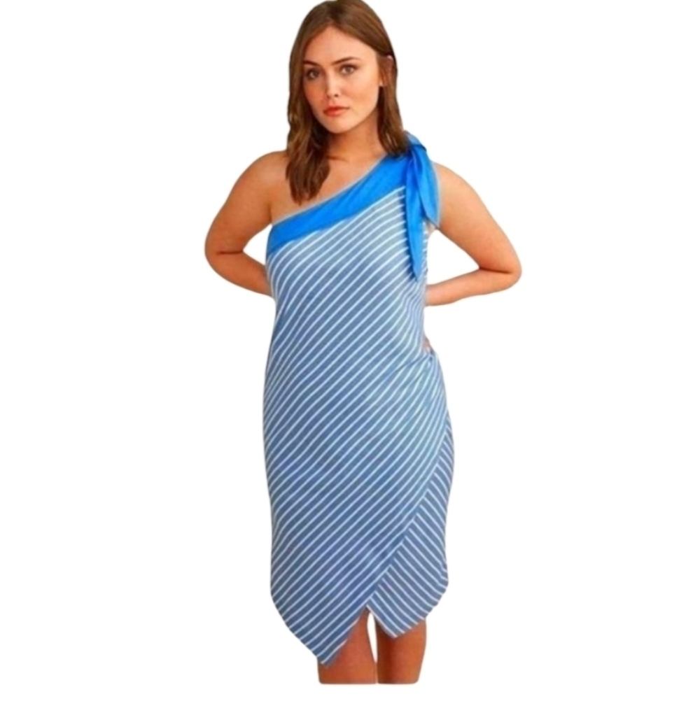 Lane Bryant Glamour One Shoulder Dress Size 14 Blue White Stripe Side Zip New